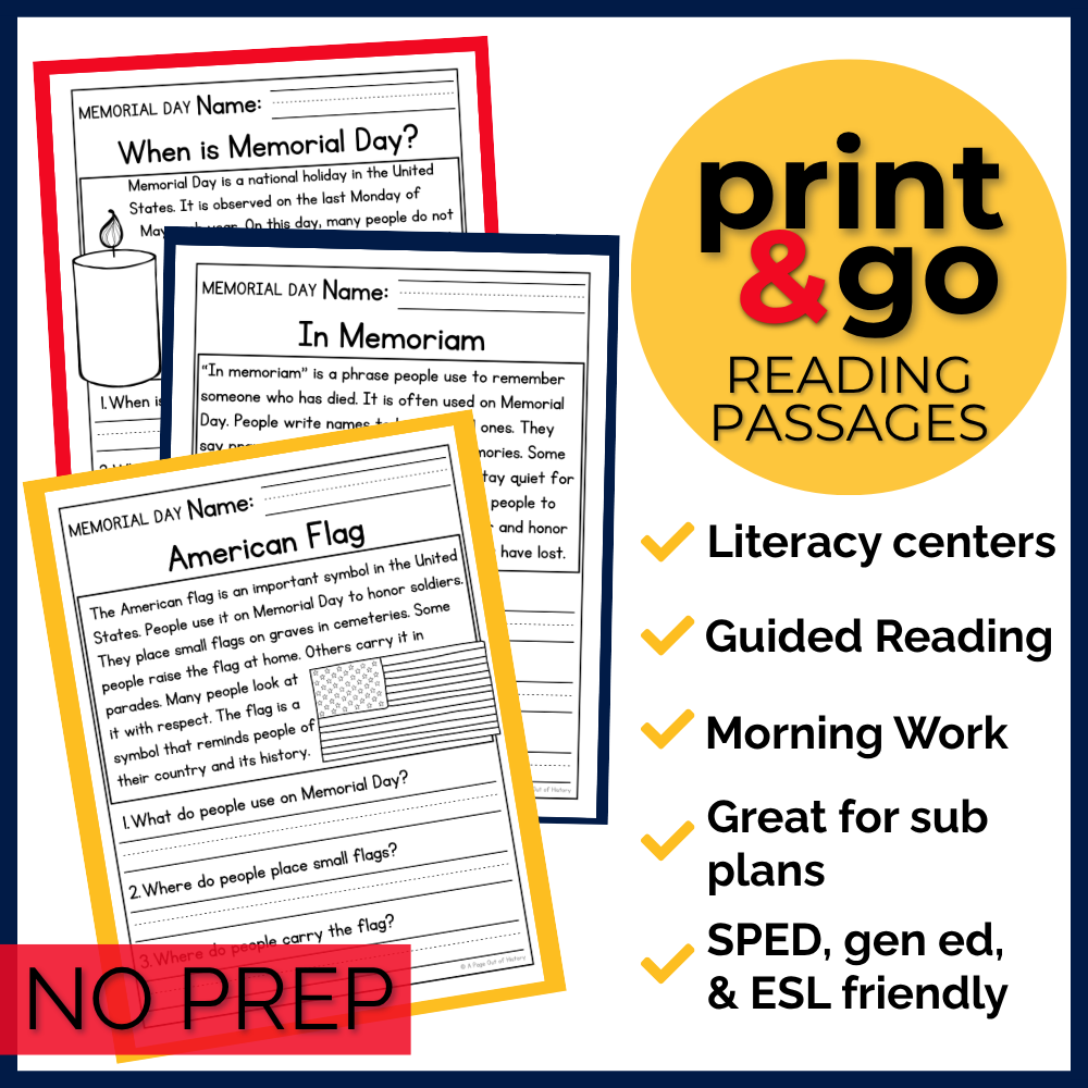 Memorial Day Reading Comprehension Passages + Questions