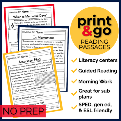 Memorial Day Reading Comprehension Passages + Questions
