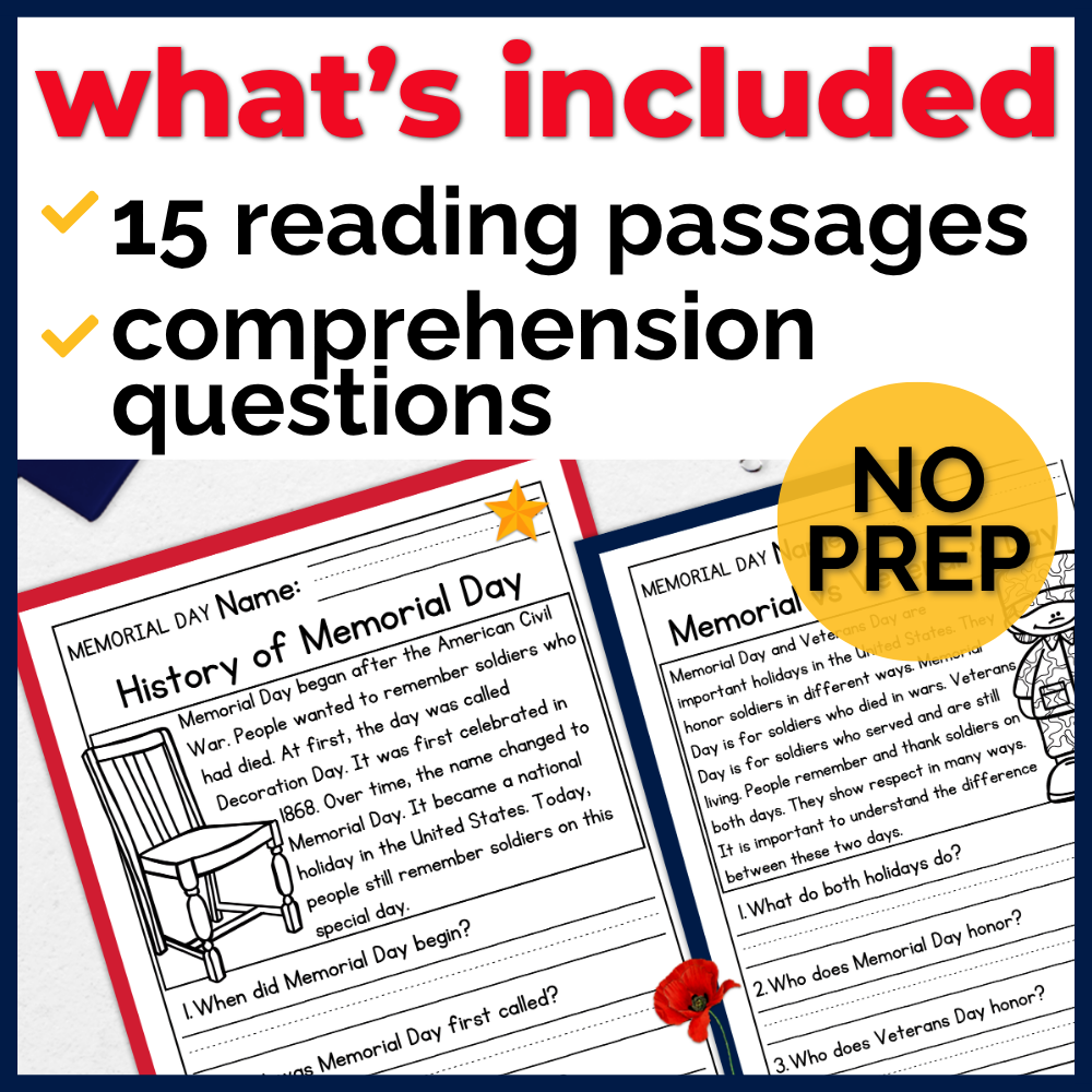 Memorial Day Reading Comprehension Passages + Questions