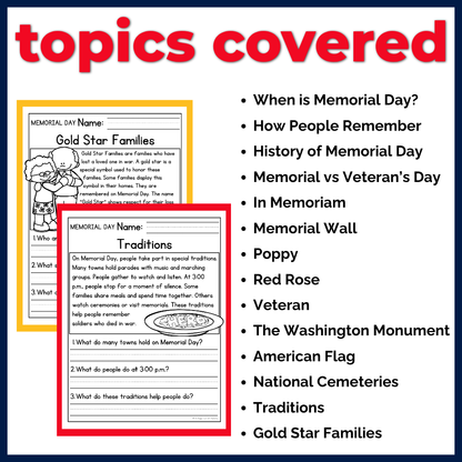 Memorial Day Reading Comprehension Passages + Questions