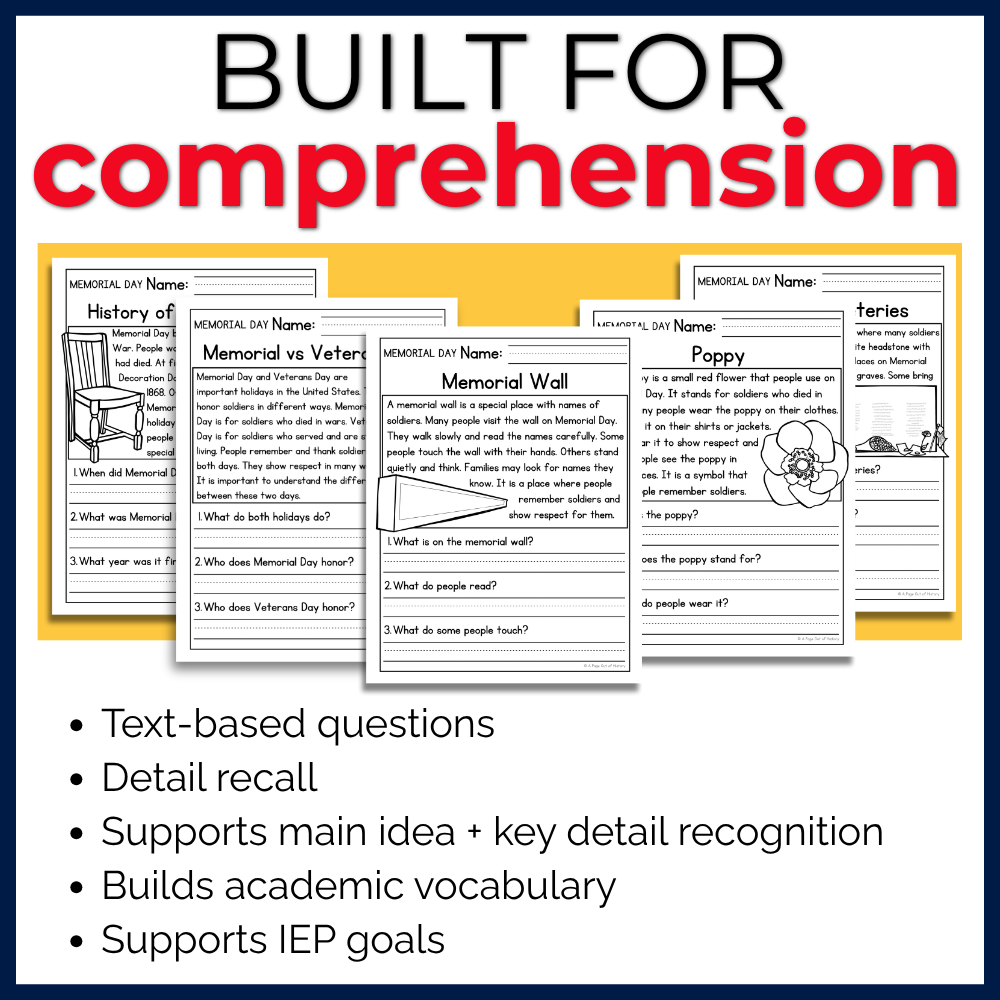 Memorial Day Reading Comprehension Passages + Questions
