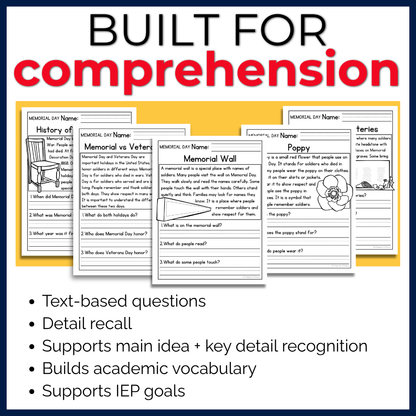 Memorial Day Reading Comprehension Passages + Questions