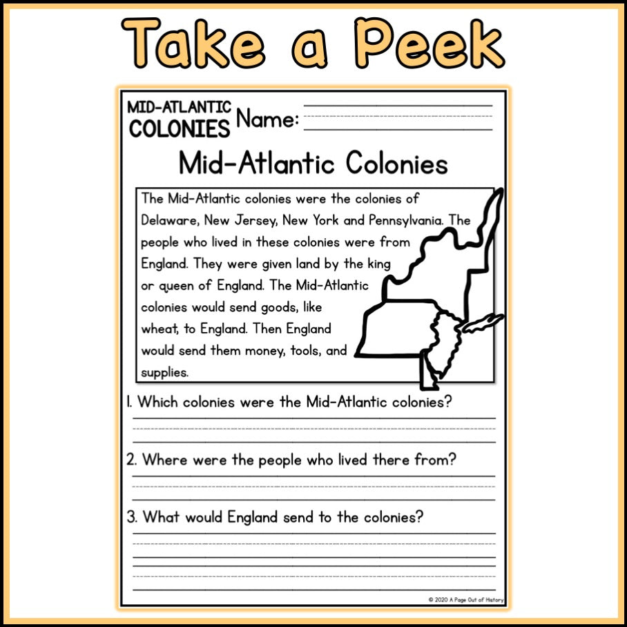 Mid Atlantic Colonies Reading Comprehension Passages + Questions