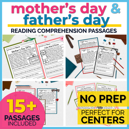 Mother's and Father's Day Reading Comprehension Passages+Questions