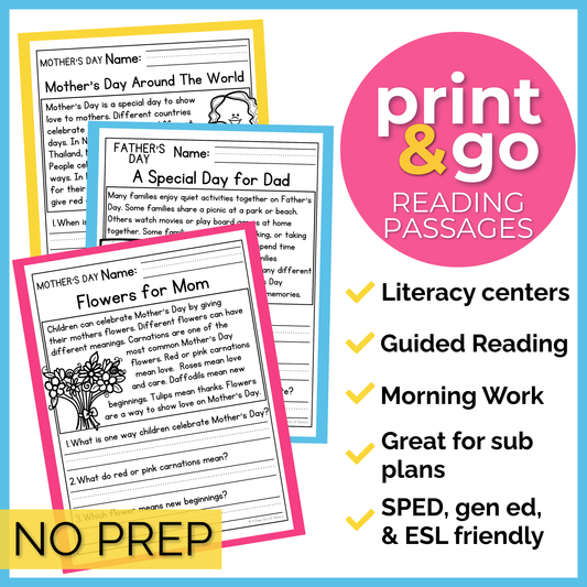 Mother's and Father's Day Reading Comprehension Passages+Questions
