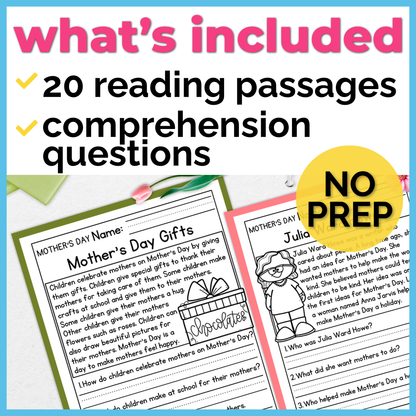 Mother's and Father's Day Reading Comprehension Passages+Questions