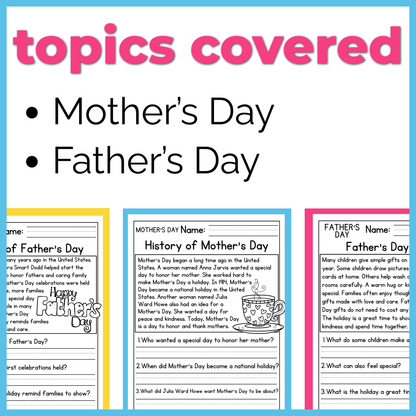 Mother's and Father's Day Reading Comprehension Passages+Questions