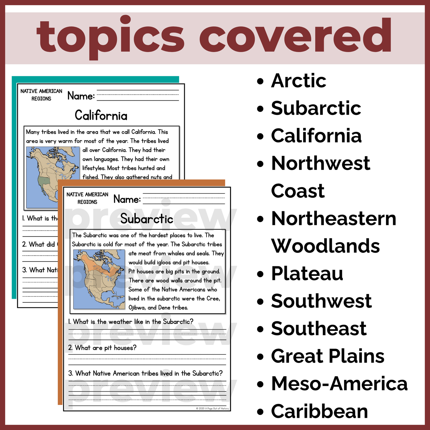 Native American Indigenous Regions Reading Comprehension Passages + Questions