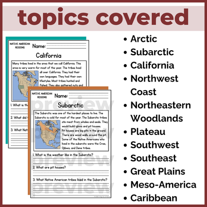 Native American Indigenous Regions Reading Comprehension Passages + Questions
