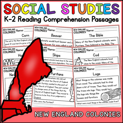 New England Colonies Reading Comprehension Passages + Questions