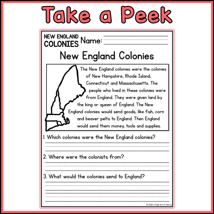 New England Colonies Reading Comprehension Passages + Questions