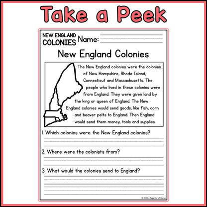 New England Colonies Reading Comprehension Passages + Questions