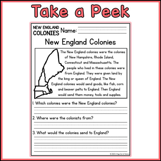 New England Colonies Reading Comprehension Passages + Questions