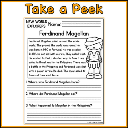 New World Explorers Reading Comprehension Passages + Questions