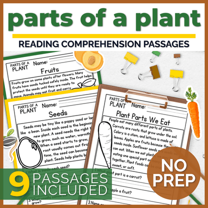 Parts of a Plant Reading Comprehension Passages + Questions
