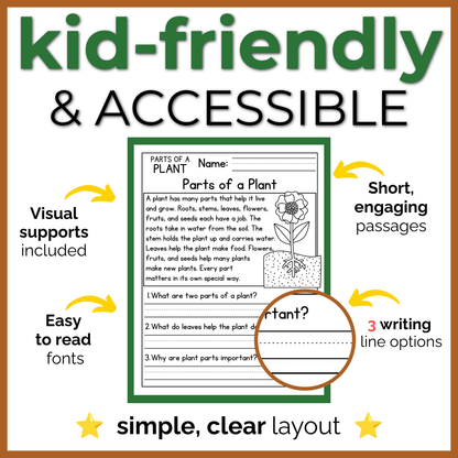 Parts of a Plant Reading Comprehension Passages + Questions