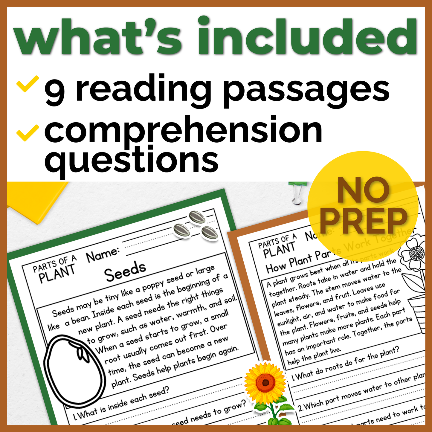 Parts of a Plant Reading Comprehension Passages + Questions