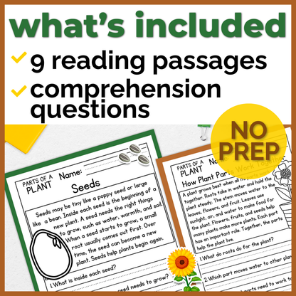 Parts of a Plant Reading Comprehension Passages + Questions