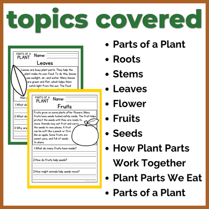 Parts of a Plant Reading Comprehension Passages + Questions