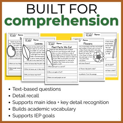 Parts of a Plant Reading Comprehension Passages + Questions