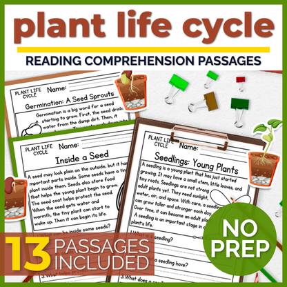 Plant Life Cycle Reading Comprehension Passages + Questions