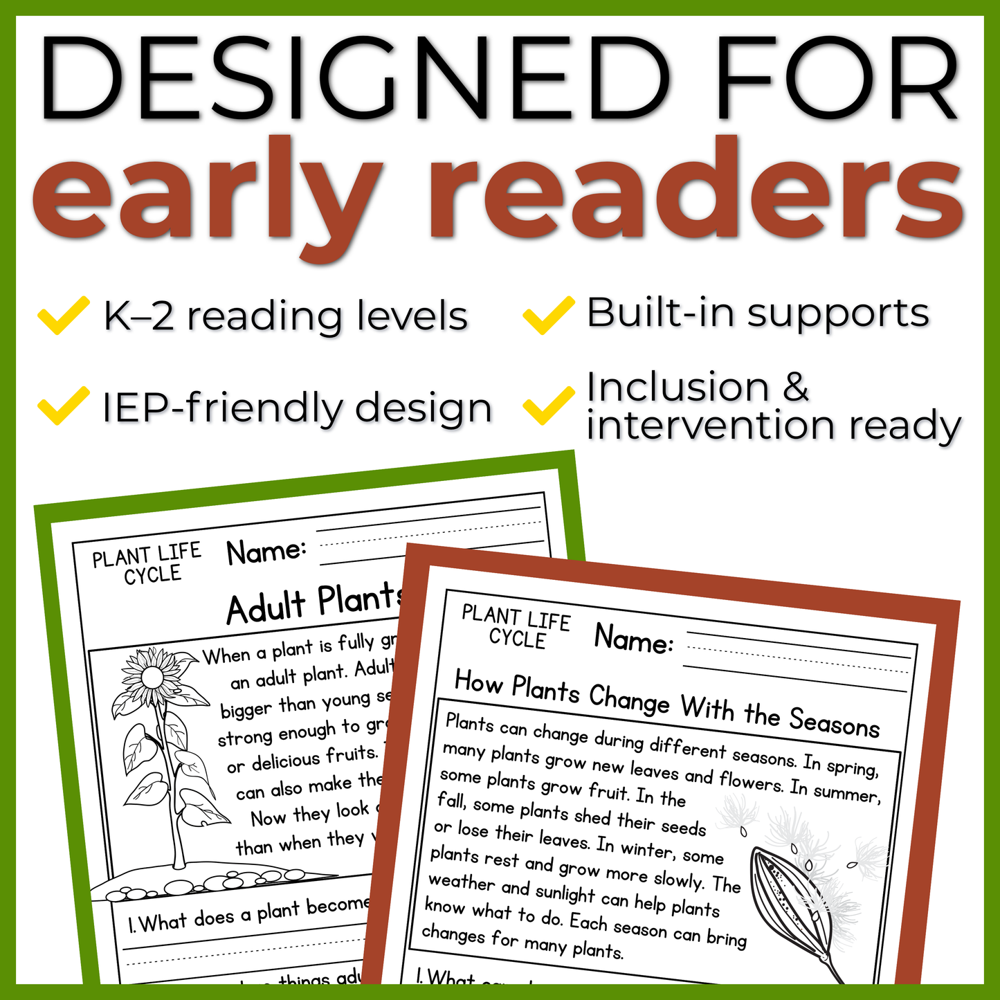 Plant Life Cycle Reading Comprehension Passages + Questions