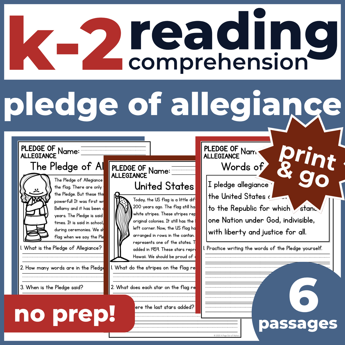 Pledge of Allegiance Reading Comprehension Passages + Questions