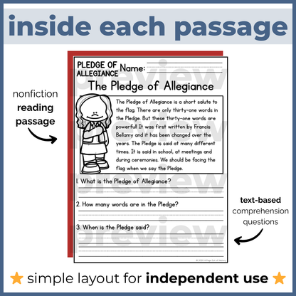 Pledge of Allegiance Reading Comprehension Passages + Questions