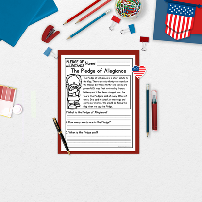 Pledge of Allegiance Reading Comprehension Passages + Questions