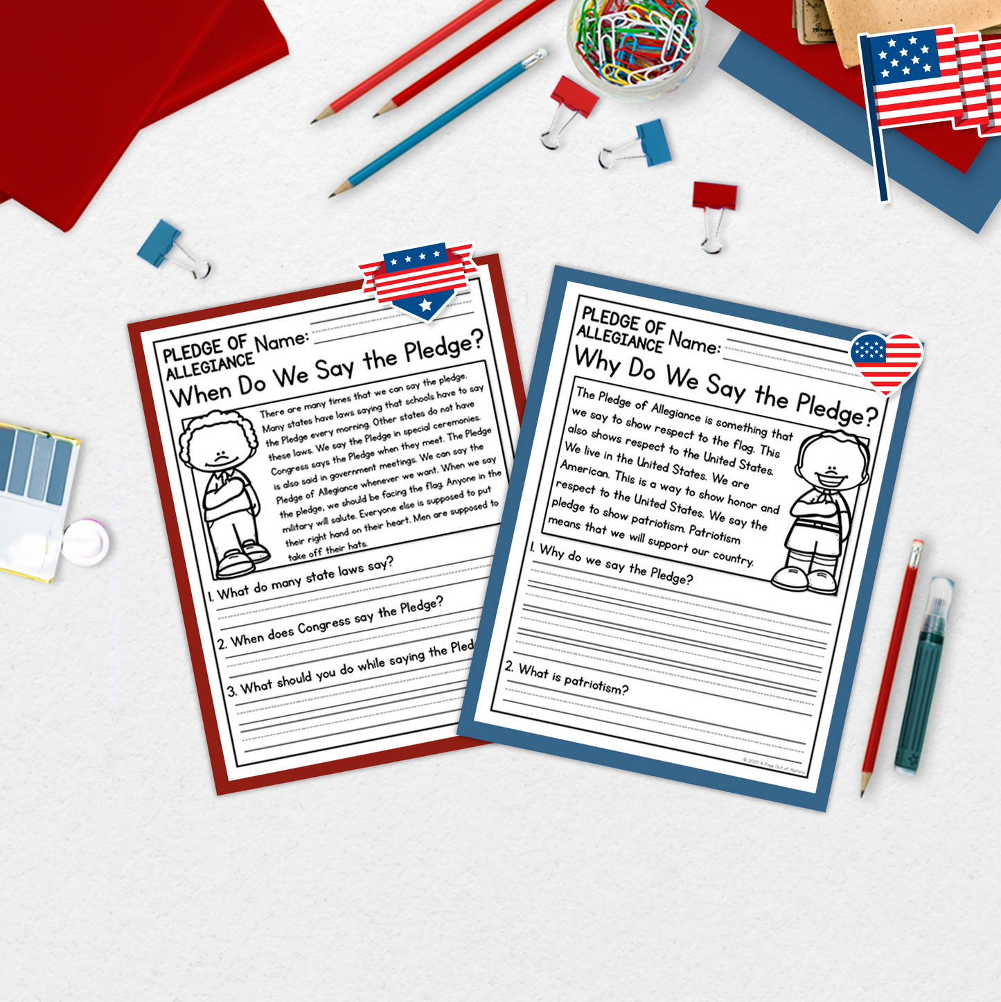 Pledge of Allegiance Reading Comprehension Passages + Questions