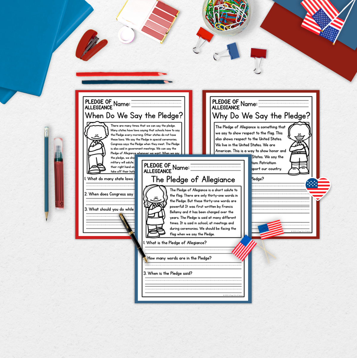 Pledge of Allegiance Reading Comprehension Passages + Questions