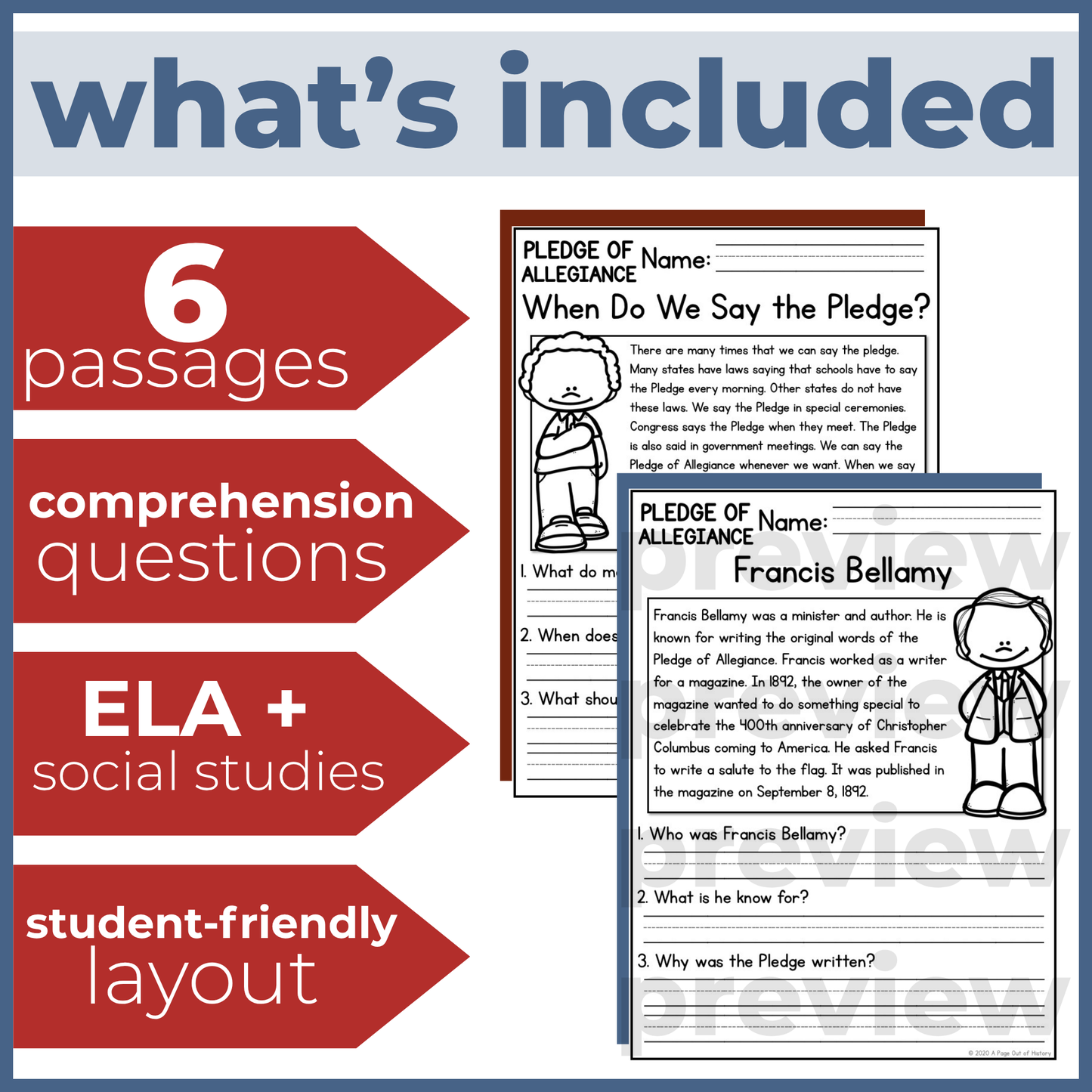 Pledge of Allegiance Reading Comprehension Passages + Questions