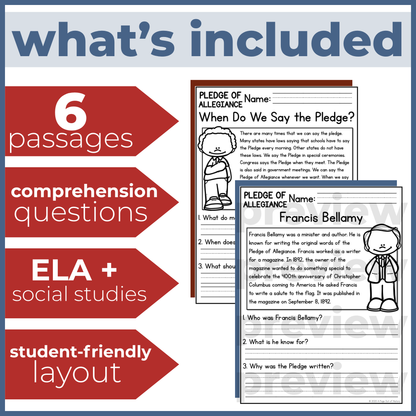 Pledge of Allegiance Reading Comprehension Passages + Questions
