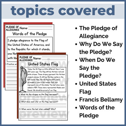 Pledge of Allegiance Reading Comprehension Passages + Questions