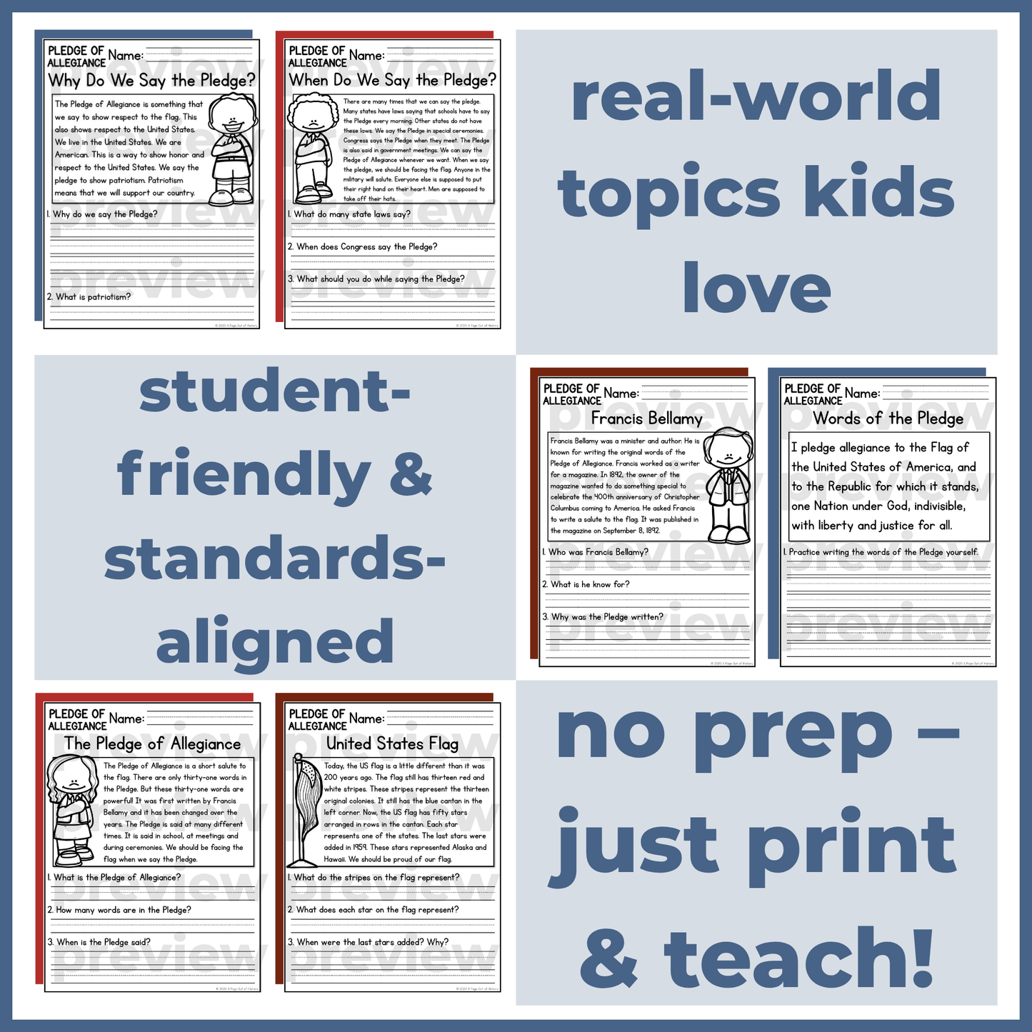 Pledge of Allegiance Reading Comprehension Passages + Questions