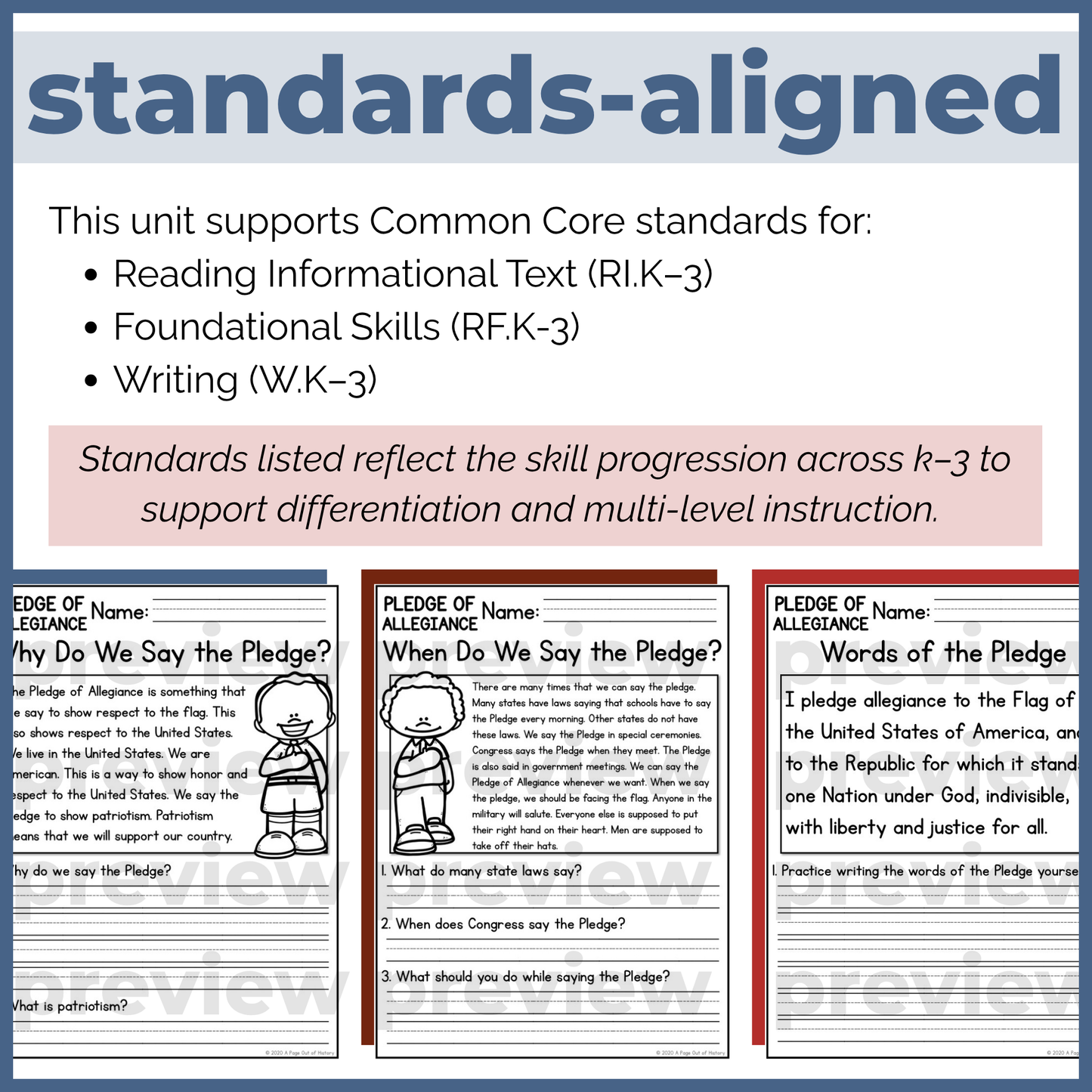 Pledge of Allegiance Reading Comprehension Passages + Questions