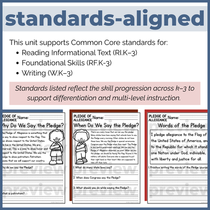 Pledge of Allegiance Reading Comprehension Passages + Questions