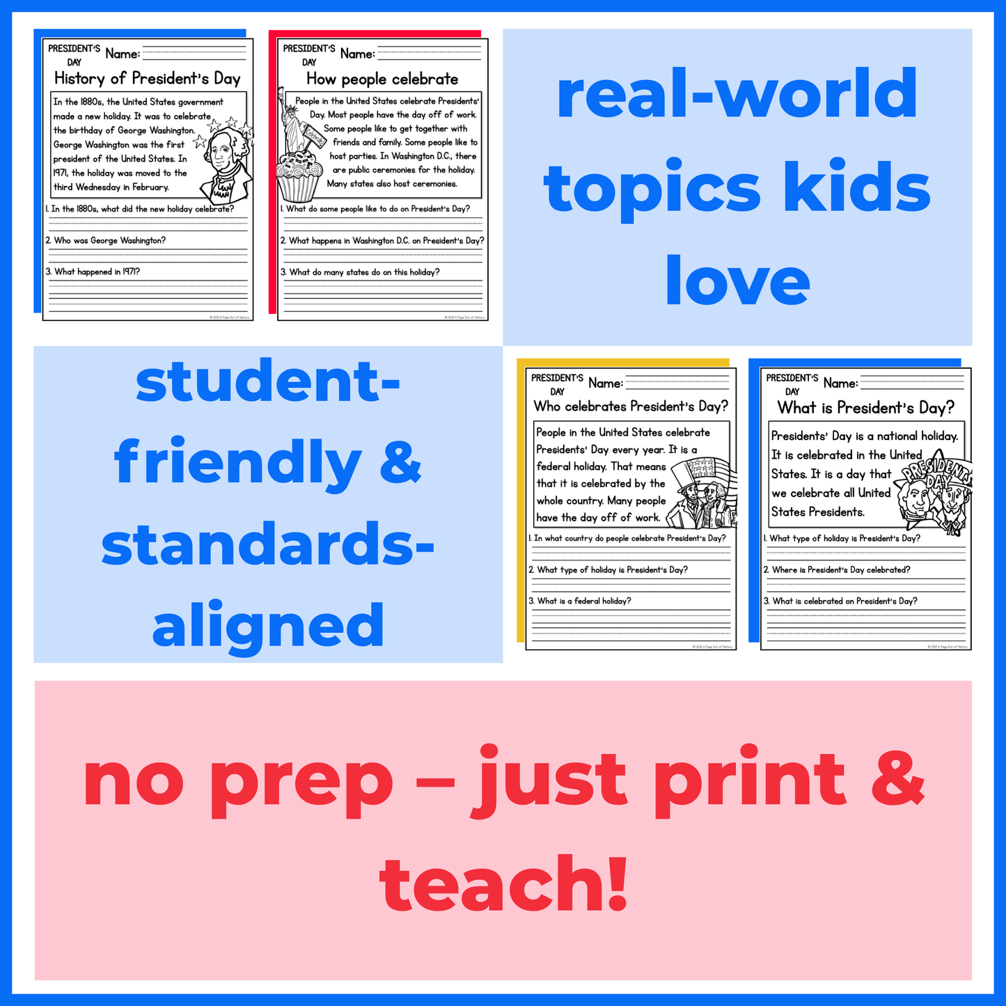 Presidents Day Holiday Reading Comprehension Passages + Questions