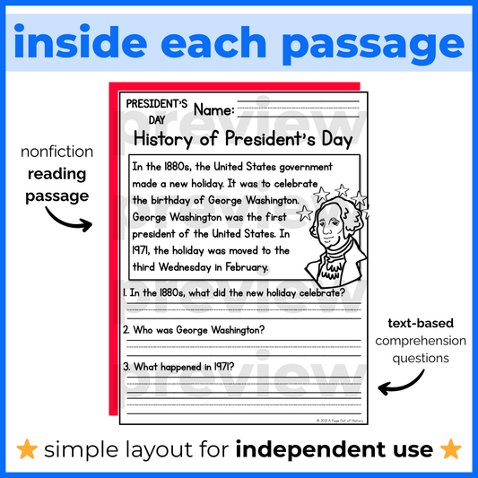 Presidents Day Holiday Reading Comprehension Passages + Questions