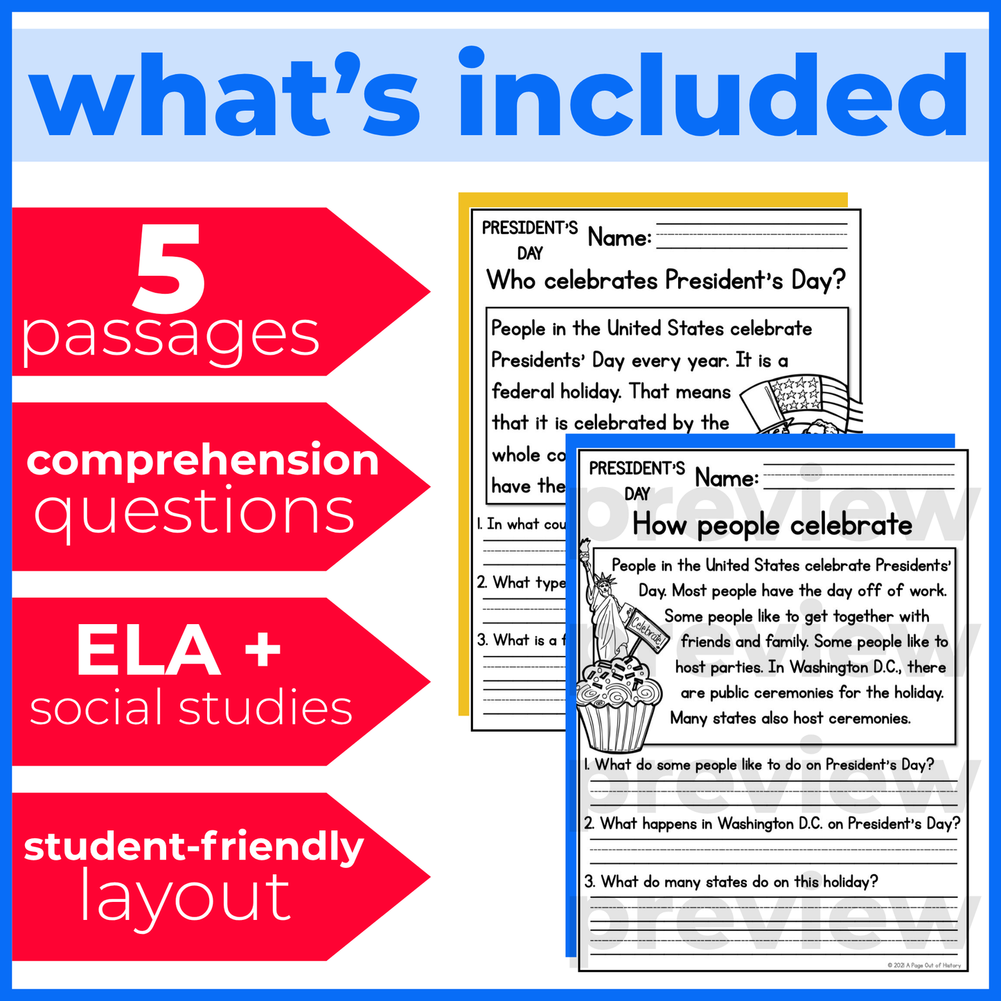 Presidents Day Holiday Reading Comprehension Passages + Questions