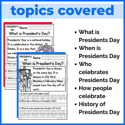 Presidents Day Holiday Reading Comprehension Passages + Questions