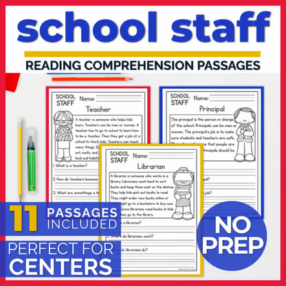 School Staff Reading Comprehension Passages + Questions