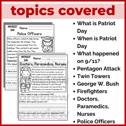 September 11th (9/11) Patriot Day Reading Comprehension + Questions