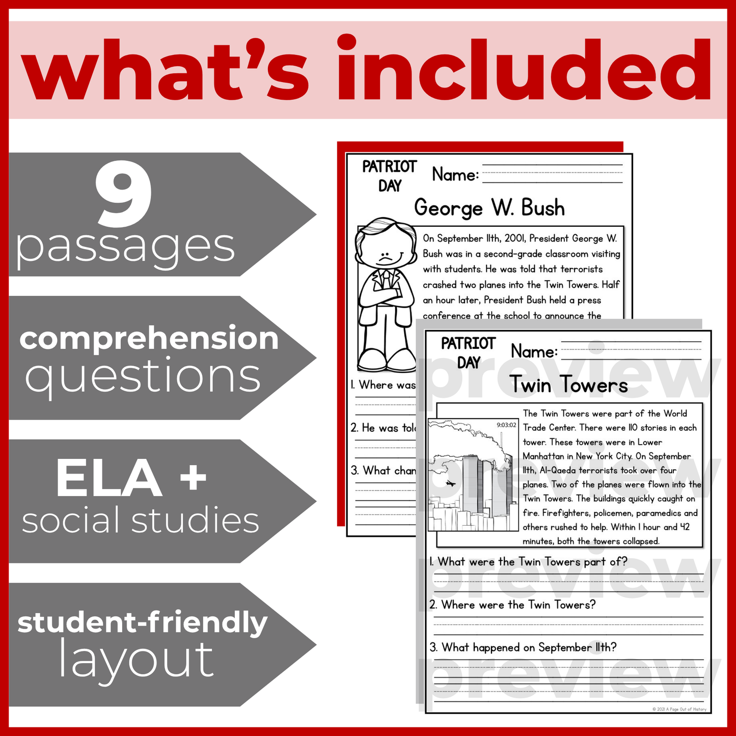 September 11th (9/11) Patriot Day Reading Comprehension + Questions