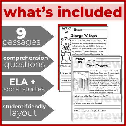 September 11th (9/11) Patriot Day Reading Comprehension + Questions