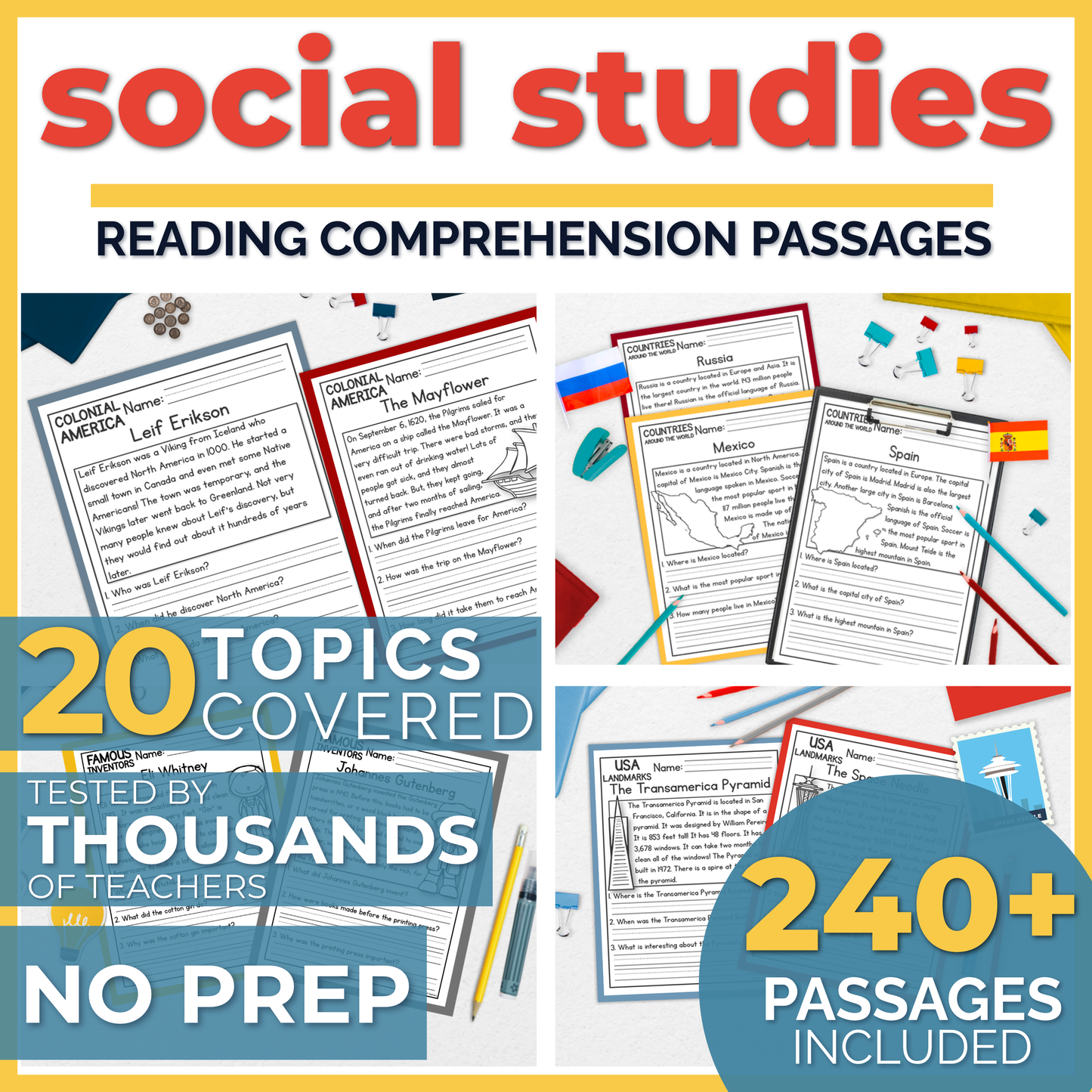 K-2 Summer Reading Review Packet | 240+ Comprehension Passages with Social Studies Questions