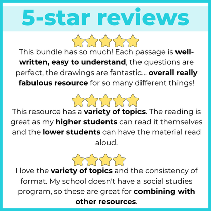 Social Studies Reading Comprehension Passages + Questions