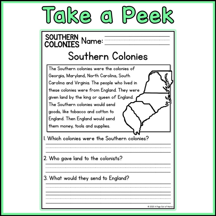 Southern Colonies Reading Comprehension Passages + Questions