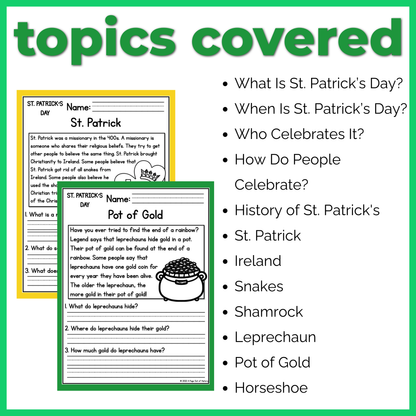St. Patricks Day Reading Comprehension Passages + Questions