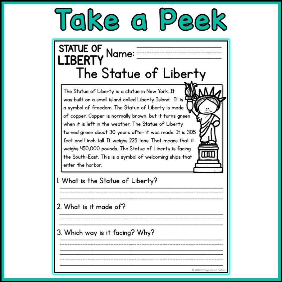 Statue of Liberty Reading Comprehension Passages + Questions